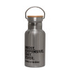 Stainless steel metallic thermos flask, silver with a bamboo lid, double-walled, 350ml.