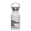 Metallic thermos (Stainless steel) White with wooden lid (bamboo), double-walled, 350ml