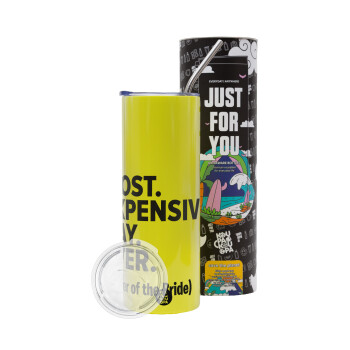 Most expensive day ever, Neon Yellow Travel Tumbler θερμό, μεταλλικό καλαμάκι(Ανωξείδωτο 304 Food grade, BPA free, 600ml)
