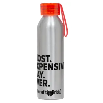 Most expensive day ever, Aluminum Sports Bottle 650ml – Silver with Red Cap and Silicone Strap