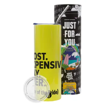 Most expensive day ever, Neon Yellow Travel Tumbler θερμό, μεταλλικό καλαμάκι(Ανωξείδωτο 304 Food grade, BPA free, 600ml)