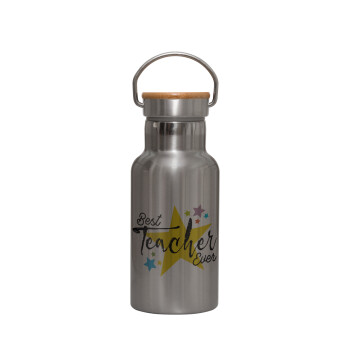 Teacher super star!!!, Μεταλλικό παγούρι θερμός (Stainless steel) Ασημένιο με ξύλινο καπακι (bamboo), διπλού τοιχώματος, 350ml
