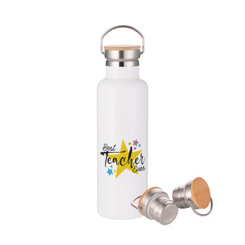 Teacher super star!!!, Stainless steel White with wooden lid (bamboo), double wall, 750ml
