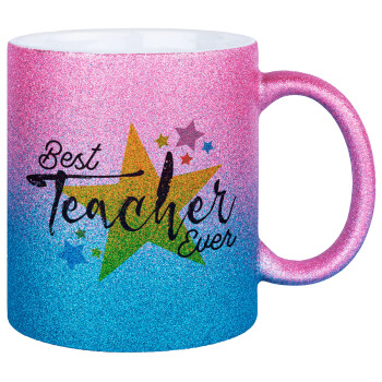 Teacher super star!!!, Κούπα Χρυσή/Μπλε Glitter, κεραμική, 330ml