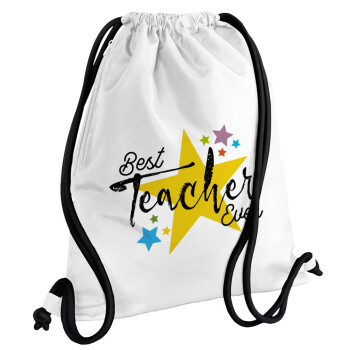 Teacher super star!!!, Τσάντα πλάτης πουγκί GYMBAG λευκή, με τσέπη (40x48cm) & χονδρά κορδόνια