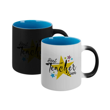 Teacher super star!!!, Κούπα Μαγική εσωτερικό μπλε, κεραμική 330ml που αλλάζει χρώμα με το ζεστό ρόφημα