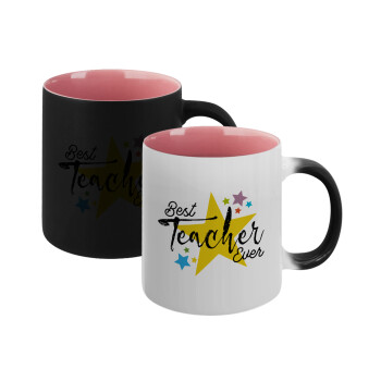 Teacher super star!!!, Κούπα Μαγική εσωτερικό ΡΟΖ, κεραμική 330ml που αλλάζει χρώμα με το ζεστό ρόφημα