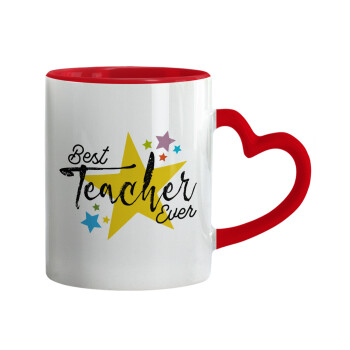 Teacher super star!!!, Κούπα καρδιά χερούλι κόκκινη, κεραμική, 330ml