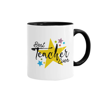 Teacher super star!!!, Κούπα χρωματιστή μαύρη, κεραμική, 330ml