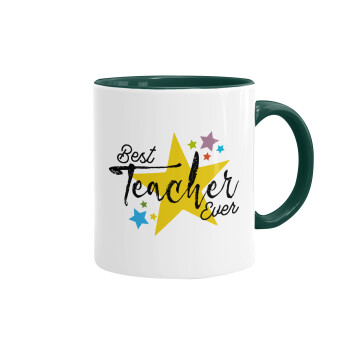 Teacher super star!!!, Κούπα χρωματιστή πράσινη, κεραμική, 330ml