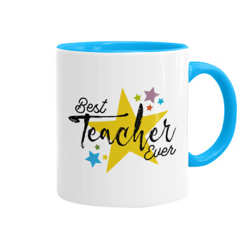 Teacher super star!!!, Κούπα χρωματιστή γαλάζια, κεραμική, 330ml