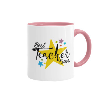 Teacher super star!!!, Κούπα χρωματιστή ροζ, κεραμική, 330ml