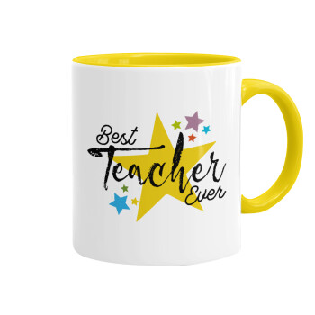 Teacher super star!!!, Κούπα χρωματιστή κίτρινη, κεραμική, 330ml