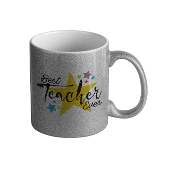 Teacher super star!!!, Κούπα Ασημένια Glitter που γυαλίζει, κεραμική, 330ml