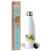 Easter Set, metallic stainless steel water bottle (750ml) & aromatic flat Easter candle (30cm) (TURQUOISE)