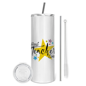 Teacher super star!!!, Eco friendly stainless steel tumbler 600ml, with metal straw & cleaning brush