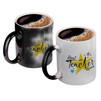 Teacher super star!!!, Color changing magic Mug, ceramic, 330ml when adding hot liquid inside, the black colour desappears (1 pcs)
