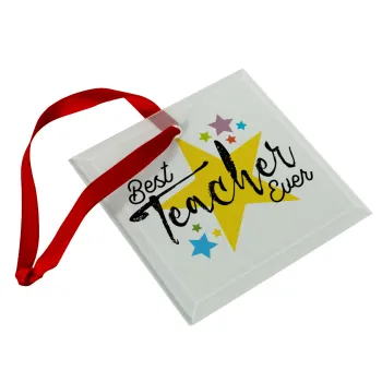 Teacher super star!!!, Στολίδι Χριστουγεννιάτικο στολίδι γυάλινο τετράγωνο 9x9cm