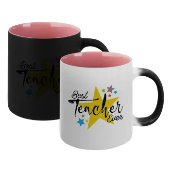 Teacher super star!!!, Κούπα Μαγική εσωτερικό ΡΟΖ, κεραμική 330ml που αλλάζει χρώμα με το ζεστό ρόφημα