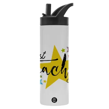 Teacher super star!!!, Μεταλλικό παγούρι θερμός με καλαμάκι & χειρολαβή, ανοξείδωτο ατσάλι (Stainless steel 304), διπλού τοιχώματος, 600ml