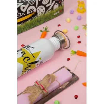 Teacher super star!!!, Πασχαλινή Λαμπάδα με παγούρι μεταλλικό (620ml, stainless steel) & κερί αρωματικό πλακέ (30cm) (ΡΟΖ)