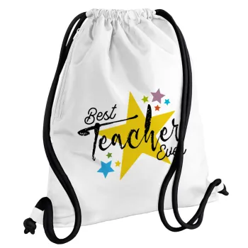 Teacher super star!!!, Τσάντα πλάτης πουγκί GYMBAG λευκή, με τσέπη (40x48cm) & χονδρά κορδόνια