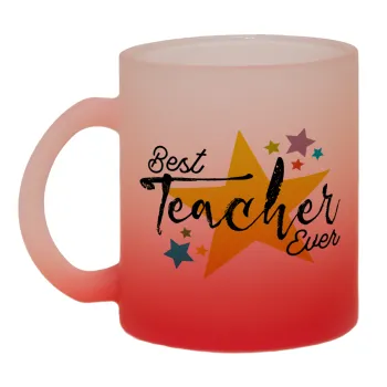 Teacher super star!!!, Κούπα γυάλινη δίχρωμη με βάση το κόκκινο ματ, 330ml
