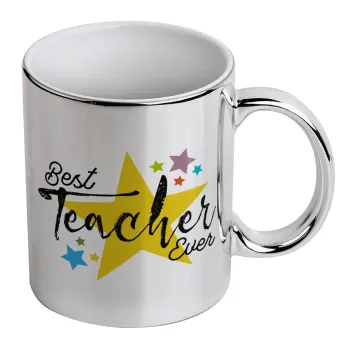 Teacher super star!!!, Κούπα κεραμική, ασημένια καθρέπτης, 330ml