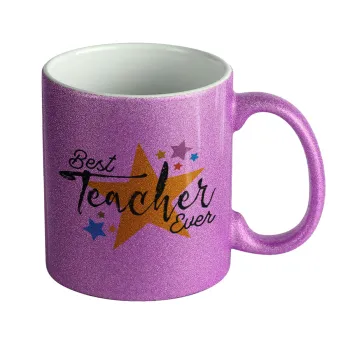 Teacher super star!!!, Κούπα Μωβ Glitter που γυαλίζει, κεραμική, 330ml