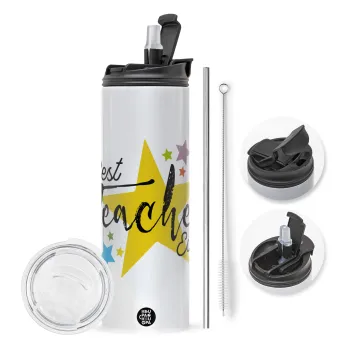 Teacher super star!!!, Travel Tumbler θερμό με διπλό καπάκι, μεταλλικό καλαμάκι και βούρτσα καθαρισμού (Ανωξείδωτο 304 Food grade, BPA free, 600ml)