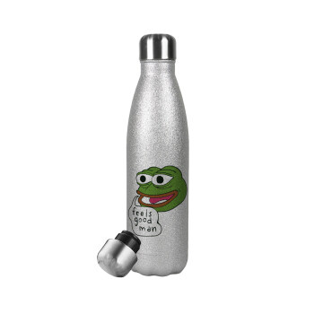 Pepe the frog, Μεταλλικό παγούρι θερμός Glitter Aσημένιο (Stainless steel), διπλού τοιχώματος, 500ml