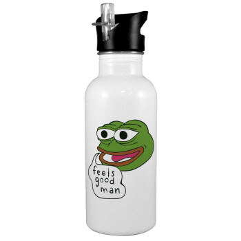 Pepe the frog, White water bottle with straw, stainless steel 600ml