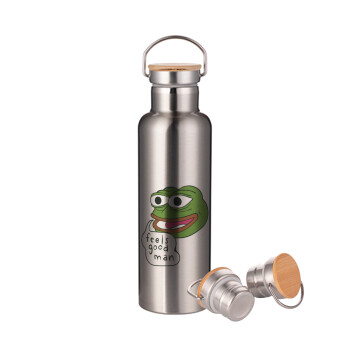 Pepe the frog, Stainless steel Silver with wooden lid (bamboo), double wall, 750ml