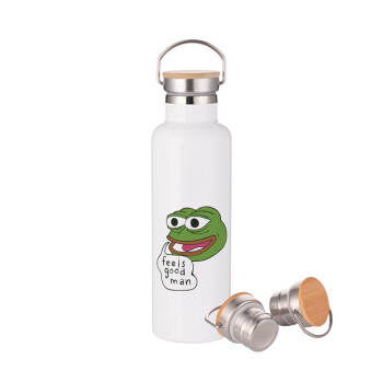 Pepe the frog, Μεταλλικό παγούρι θερμός (Stainless steel) Λευκό με ξύλινο καπάκι (bamboo), διπλού τοιχώματος, 750ml