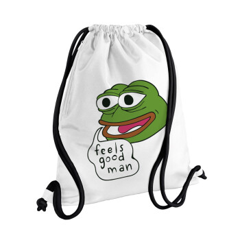 Pepe the frog, Τσάντα πλάτης πουγκί GYMBAG λευκή, με τσέπη (40x48cm) & χονδρά κορδόνια