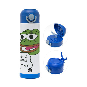 Pepe the frog, Παιδικό παγούρι θερμό, ανοξείδωτο, με καλαμάκι ασφαλείας, ΜΠΛΕ (500ml)