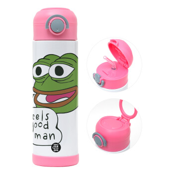 Pepe the frog, Children's hot water bottle, stainless steel, with safety straw, PINK (500ml)