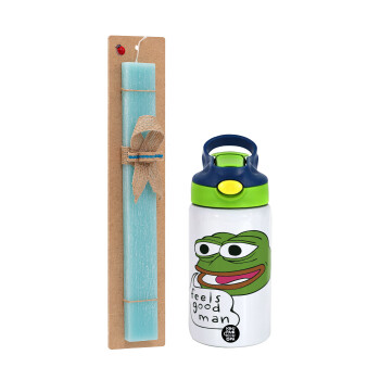 Pepe the frog, Easter Set, Children's thermal stainless steel bottle with safety straw, green/blue (350ml) & aromatic flat Easter candle (30cm) (TURQUOISE)