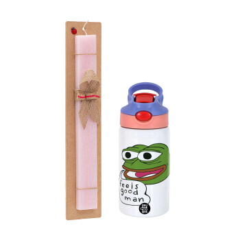 Pepe the frog, Easter Set, Children's thermal stainless steel water bottle with safety straw, pink/purple (350ml) & Easter scented flat candle (30cm) (PINK)