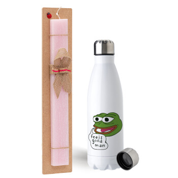 Pepe the frog, Πασχαλινή Λαμπάδα με μεταλλικό παγούρι ανοξείδωτο (750ml) & κερί αρωματικό πλακέ (30cm) (ΡΟΖ)