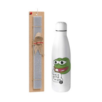 Pepe the frog, Easter Set, metallic stainless thermos bottle (500ml) & scented flat Easter candle (30cm) (GRAY)