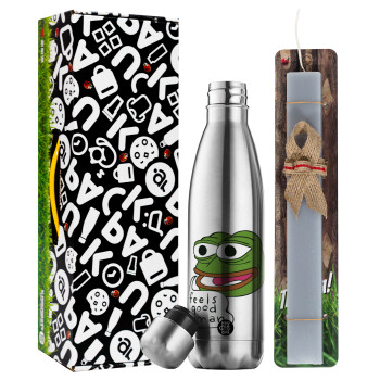 Pepe the frog, Easter Set, metallic stainless thermos flask (500ml) & scented flat Easter candle (30cm) (GRAY)