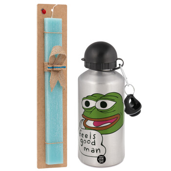 Pepe the frog, Easter Set, metallic silver aluminum water bottle (500ml) & scented flat Easter candle (30cm) (TURQUOISE)