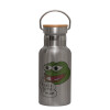 Stainless steel metallic thermos flask, silver with a bamboo lid, double-walled, 350ml.