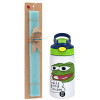 Easter Set, Children's thermal stainless steel bottle with safety straw, green/blue (350ml) & aromatic flat Easter candle (30cm) (TURQUOISE)