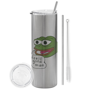Pepe the frog, Tumbler ποτήρι θερμό Ασημένιο από ανοξείδωτο ατσάλι 600ml, με μεταλλικό καλαμάκι & βούρτσα καθαρισμού