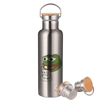Pepe the frog, Μεταλλικό παγούρι θερμός (Stainless steel) Ασημένιο με ξύλινο καπακι (bamboo), διπλού τοιχώματος, 750ml