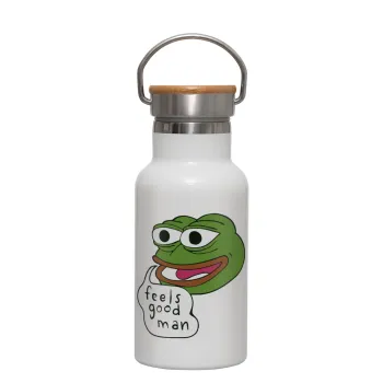 Pepe the frog, Metallic thermos (Stainless steel) White with wooden lid (bamboo), double-walled, 350ml