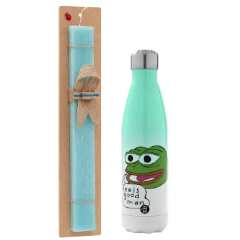 Pepe the frog, Πασχαλινή Λαμπάδα με Μεταλλικό παγούρι θερμός Πράσινο/Λευκό (Stainless steel), διπλού τοιχώματος, 500ml & κερί αρωματικό πλακέ (30cm) (ΤΙΡΚΟΥΑΖ)