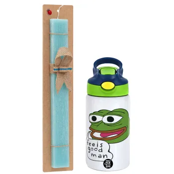 Pepe the frog, Easter Set, Children's thermal stainless steel bottle with safety straw, green/blue (350ml) & aromatic flat Easter candle (30cm) (TURQUOISE)